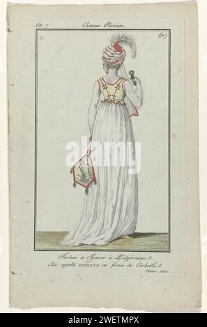 Journal of the Ladies and Moden, Pariser Tracht, 1. November 1798, Jahr 7 (71): Turban und Spencer (...), 1798 Turban mit dem Namen 'Turban à l'Algérienne'. „Spencer à l'Algérienne“ mit Schleifenmuster auf einem Kleid mit Schlafkomfort. Beutel mit „SAC“, genannt „Lächerlichkeit“ (Retikulat), in Form einer „Corbeille“. Der Bildunterschrift zufolge wird dieses Kostüm mit der „Théâtre Italien“ zum Leben erweckt. Der Druck ist Teil des Modemagazins Journal des Dames et des Modes, herausgegeben von Sellèque, Paris, 1797–1839. Papiergravur von Modetafeln. Kleid, Kleid (+ Damenkleidung). Kopfbedeckung: Turban (+ Frauenkümmel Stockfoto