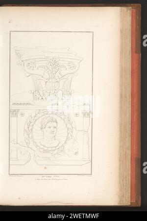 Kapiteeeel und Portrait, Charles Pierre Joseph Normand, 1820 Ornamentdruck mit einer Hauptstadt und einem Männerporträt. Teil (19. CAH.er F.LE 37) des Prentalbums mit zwei Serien von insgesamt 138 Ornamentdrucken von Beauvallet und Normand, Fragmens d'Ortuens Dance le style antique. Papier Ätzornamente  Kunst. Kapital ( Säule, Säule) Stockfoto