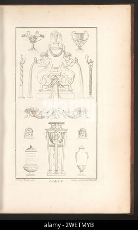 Brunnen und verschiedene Vasen, Pierre-Nicolas Beauvallet, 1820 Ornament Print mit u.a. einem Brunnen und verschiedenen Vasen. Teil (1. CAH. F. 6) des Prentalbums mit zwei Serien von insgesamt 138 Ornamentdrucken von Beauvallet und Normand, Fragmens d’Ortuens Dans Le Style Antique. Papier-Ätzschmuck  Kunst. Gartenbrunnen Stockfoto