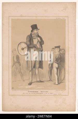 Cartoon mit Premier Peel als ein-Mann-Orchester, John Doyle, 1845 Print Cartoon von 1845 mit Premierminister Robert Peel als ein-Mann-Orchester auf der Straße, umgeben von Straßenjungen. Veröffentlicht als Nr. 839 in der Serie HB Sketches. Papierpolitische Karikaturen und Satiren Stockfoto