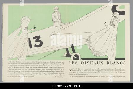 Eine Zeitung mit gutem Ton. Kunst - Modi & Frivolities: Layout, 1922 Doppelseitiger Text mit Illustration von zwei Frauen und Piloten im Flugzeug. S. 301 und 304 in Gazette du Bon Ton 1922, Nr. 10. Papier Buchdruck, der Modeplatten druckt. Flugzeug, Flugzeug Stockfoto