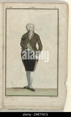 Laden neuer französischer und englischer Modi, 20. Dezember 1786, 2. Jahr, 4. Notizbuch, pl. 2, 1786 Engelsman in einem 'Habit de Parure': Frak von 'Petit Velours Puce', karierte Weste und Knieschoner. Die rechte Hand in der Weste. Zerknitterte Jabot und Manschetten. Zubehör: Hut unter dem Arm, Brustkorb, Schuhe mit Schnallen. Der Druck ist Teil des 4. Cahier, 2. Année aus dem Magasin des Modes Nouvelles Francaises et Anglaises. Die Serie besteht aus 172 Modedrucken, die von Buisson, Paris, 20. November 1786 bis 21. Décembre 1789 veröffentlicht wurden. Papiergravur von Modetafeln. Mantel (FRAC) (+ Herrenkleidung). Kleidung Stockfoto