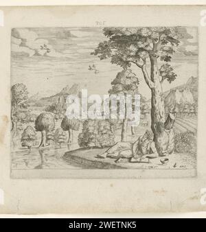 Elijah, gespeist von den Raben, Pieter Bast, 1599 drucken Hügellandschaft mit einem gewundenen Fluss und ein paar Bauernhäusern. Im Vordergrund der Prophet Elia, der unter einem Baum mit einem Buch liegt. In der Luft zwei Raben, die mit einem Brot im Mund hereinfliegen. Der Prophet lebt am Bach, aber Raben bringen ihm Nahrung Stockfoto