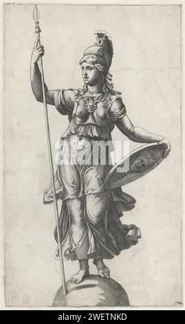 Minerva (Pallas Athena) in Rüstung stehend auf Globe, Marcantonio Raimondi, nach Giulio Romano, nach Rafaël, 1520 - 1527 Druckpapierstich (Geschichte) Minerva (Pallas, Athena) Stockfoto