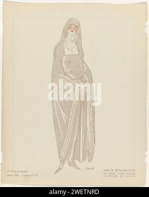 Gazette du Bon Tone, 1922 - Nr. 10, pl. VII: Bénédictine / de Rome Sister (18. Jahrhundert) / (Witwenkostüm), David, 1922 stehende Frau in einem Kleid mit weit gespreizten Ärmeln, mit Rüschen besetzt; inspiriert vom Auftrag einer Benediktinerin. Ein Schleier auf dem Kopf. Croquis Nr. VII aus der Gazette du Bon Ton 1922, Nr. 10. Erläuterung der Kleidung auf Seite „description et explaction des Planches horstexte et pages de Croquis. Papier Buchdruck, der Modeplatten druckt. Kleid, Kleid (+ Damenkleidung). Kopfbedeckung (+ Damenkleidung) Stockfoto