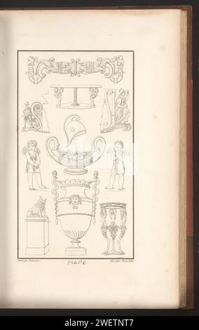 Verschiedene Ornamente, Pierre-Nicolas Beauvallet, 1820 Ornamentdruck mit verschiedenen Objekten, Vasen, Schüsseln und Figuren. Teil (7. CAH. F.LE 41) des Prentalbums mit zwei Serien von insgesamt 138 Ornamentdrucken von Beauvallet und Normand, Fragmens d’Orting Dance le style antique. Papier-Ätzschmuck  Kunst Stockfoto