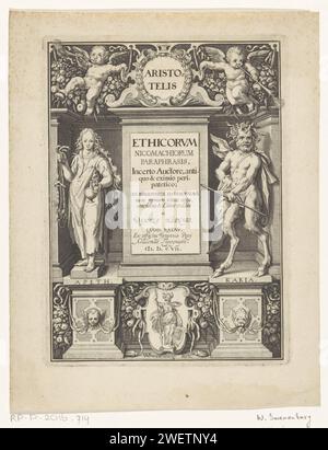 Tugend und Bosheit, Willem Isaacsz. Van Swanenburg, 1607 Druck auf einem Sockel links ist die Tugend mit einem Pferdetoom für Mäßigung in der einen Hand und einem Krug in der anderen Hand. Auf der rechten Seite ist Bosheit, ein Satap mit Schlangen wie sie. Mitten in einer Kartusche mit Minerva. Putti bläst links und rechts über zwei Trompeten. Papierstich Temperance, Temperantia; Temperanza (Ripa)  eine der vier Kardinaltugenden. Mäßigung; Misura (Ripa). Wut, Wut Stockfoto