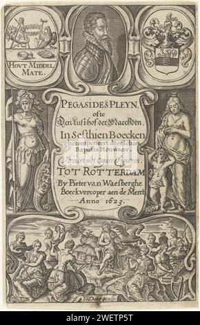 Kartuschen mit Titel, Porträt von Jan Baptist Houwaert, allegorische Figuren und Apollo und de Muzen, Willem Jacobsz Delff, 1623 Druck Cartouche mit Titel flankiert von Venus und Amor rechts und Minerva links. Über Porträt des Dichters Jan Baptist Houwaert zwischen Wappen und Motto HOVT Substance Mate. Unter Cartouche mit Apollo und den Musen. Papierstich Apollo und die Musen, Apollo Musagetes. (Geschichte) Minerva (Pallas, Athena). Venus und Cupid (Cupid ist nicht bloßes Attribut) Stockfoto