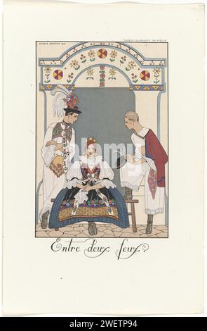 Falbalas und Fanfreluches: Almanach der gegenwärtigen Modi, Vergangenheit und Zukunft für 1923, 2. Jahr: Zwischen zwei Lichtern. / Tschechen-Slowakei XX. Jahrhundert, George Barbier, Zeitschrift 1923 Frau in traditioneller tschechischer Kleidung sitzt auf einer Couch, von zwei Liebenden gefickt. Druck aus der Falbalas & Fanfreluches Serie (1922-1926). Papierteller. Volkstracht, regionale Tracht (+ Herrenkleidung). Volkstracht, regionale Tracht (+ Damenkleidung) Stockfoto