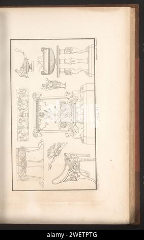 DIVERSE ORDERENTS, Cécile BeauValt, 1820 Ornament Print mit verschiedenen Ornamenten, darunter Stuhl, Tisch, Altar, Öllampe. Teil (7. CAH. F.LE 3) des Prentalbums mit zwei Serien von insgesamt 138 Ornamentdrucken von Beauvallet und Normand, Fragmens d'Ortuens Dance le style antique. Papier-Ätzschmuck  Kunst, Möbel und Haushaltsgegenstände Stockfoto