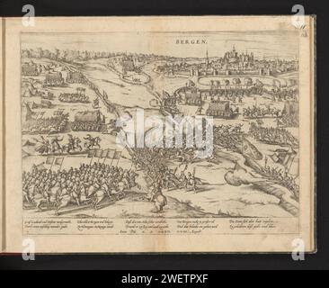 Bergen belagert von Alva, 1572, Frans Hogenberg, 1572–1574 Drucken Bergen (Mons) im Hennegau belagert von der Armee von Alva, 18. August 1572. Die Stadt wurde von den Truppen Ludwigs von Nassau besetzt. Die Armee von Willem van Oranje kommt von der Linken, um die Stadt zu erschrecken. Mit einer Unterschrift von 8 Zeilen auf Deutsch. Nummeriert: 5. Der Ausdruck ist Teil eines Albums. Papierätzkampf, Kampf im Allgemeinen. Belagerung, Position war Bergen (Belgien) Stockfoto