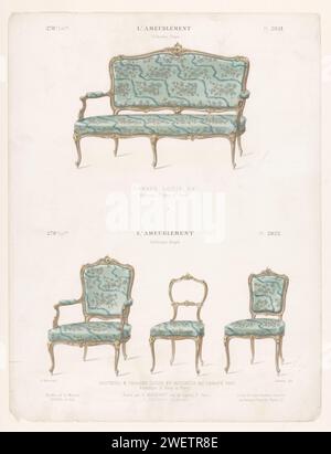 Sofa, Twee stoelen, Léon Laroche, 1885 - 1895 drucken Ein Canapé, Sessel und zwei Stühle im Louis XV-Stil. Drucken Sie aus dem 278. Livraison. Papierregale, Gestell, Sideboard Stockfoto