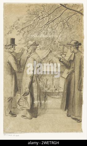 Leute für einen Buchstand an einem Kai in Paris, 1896 Druck. Bucheinband vor dem Buchstand ist ein Mann, möglicherweise der Besitzer des Standes, mit einem Bündel Bücher in der Hand. Neben ihm sieht ein Mann mit Hut ein Buch an, hinter ihm nimmt ein Geistlicher ein Buch aus dem Stand. Papierbuchstand, Kiosk. Straßenhändler. Buch Stockfoto