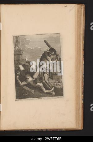 Cain tötet Abel, 1660 Druck Cain greift seinen Bruder mit einem Club an. Er schiebt den verwundeten Abel zu Boden. Im Hintergrund Abels Lamb und rechts das Opfer von Kain. Dieser Ausdruck ist Teil eines Albums. Das Töten von Abel: Kain tötet ihn mit einem Stein, einem Schläger oder einem Kieferknochen, alternativ mit einem Spaten oder einem anderen Werkzeug als Waffe Stockfoto