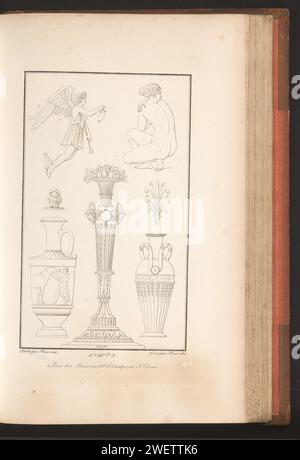 Verschiedene Ornamente, Pierre-Nicolas Beauvallet, 1820 Ornamentdruck mit verschiedenen Vasen und Figuren. Teil (15. CAH. F.LE 13) des Prentalbums mit zwei Serien von insgesamt 138 Ornamentdrucken von Beauvallet und Normand, Fragmens d’Ortuens Dans Le Style Antique. Papierätzvase  Ornament Stockfoto