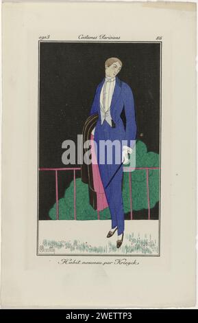 Journal of Ladies and Fashion: The Fashion Illustrators, 1913 Mann in einem neuen Kriegck rokk Kostüm. Hülle dich um den Arm. Gehstock in der Hand. Druck aus dem Modemagazin Journal des Dames et des Modes (1912-1914). Papiergravur von Modetafeln. Kleidung, Kostüm (+ Herrenkleidung). Hosen, Hosen (+ Herrenbekleidung). Mantel (+ Herrenkleidung). Gehstock, Personal, Stock (+ Herrenkleidung). Schuhe, Sandalen (+ Herrenbekleidung). Nackenbekleidung  Kleidung (KRAWATTE) (+ Herrenbekleidung). Kleidung für den oberen Teil des Körpers (WESTE) (+ Herrenkleidung). Stockfoto