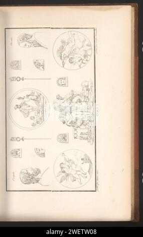 Mythologische in Historischen Szenen, Cécile Beauvallet, 1820 Ornament Print mit verschiedenen mythologischen und historischen Szenen. Teil (6. CAH. N. 5) des Prentalbums mit zwei Serien von insgesamt 138 Ornamentdrucken von Beauvallet und Normand, Fragmens d’Ortuens Dans Le Style Antique. Papier Ätzen Ornamente  Kunst. Daedalus macht die Flügel, während Ikarus Ägypten anschaut Stockfoto