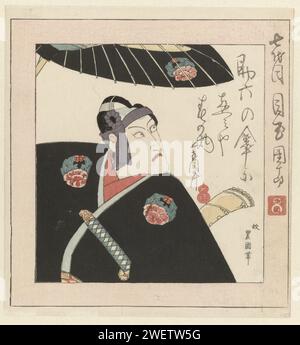 Der Kabuki-Schauspieler Ichikawa Danjûrô VII., Utagawa toyokuni (I), 1825 drucken den Kabuki-Schauspieler Danjurô VII in der Rolle des Sukeroku: Gekleidet in einen schwarzen Kimono mit zwei rot-blauen Blumen auf den Schultern. Unter einem schwarzen Sonnenschirm. (Der Druck ist dem Schauspieler gewidmet) Papierfarbe Holzschnitt / Polierporträt des Schauspielers, Schauspielerin. Sonnenschirm, Sonnenschirm Stockfoto