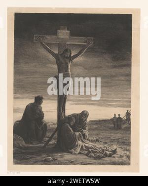 Christus am Kreuz, Carl Bloch, 1884 Druck Christus am Kreuz; Johannes, Maria und Maria Magdalena haben ihn ausgelöst. Rechts im Hintergrund nähern sich drei Figuren mit Leiter und Leinwänden. Papierätzung / Trockenspitze kreuzigte Christus mit Maria, Johannes und Maria Magdalena Stockfoto