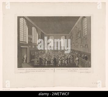 Innenraum des Athenaeum Illustre in Amsterdam, Hermanus Petrus Schouten (möglich), nach Hermanus Petrus Schouten, ca. 1770 - 1783 Druck Innenraum des Athenaeum Illustre, Vorläufer der Universität Amsterdam, auf dem Oudezijds Voorburgwal in Amsterdam. Diese Bildungseinrichtung wurde 1631 gegründet und befindet sich in der Agnietenkapelle. Ein College wird den Studenten im Zimmer gegeben. Unter der Show der Titel in Niederländisch und Französisch. Rechts oben nummeriert: 28*. Papierätzung / Gravur Universitätsgebäude, College. Vortrag  Universität Athenaeum Illustre. Agnietenkapelle. Oudezijds Voorbur Stockfoto