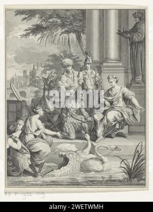 Allegory on Rotterdam Trade, 1750 gedruckte Personifizierungen der vier Kontinente - Amerika mit Zaun und Rock, Afrika mit Elefantenhut und Stoßzahn, Asien mit Turban und Turban und Europa mit Rüstung und Zepter - bieten der Stadt Jungfrau Rotterdams Geschenke. Hinter ihr eine Statue von Erasmus. Im Vordergrund eine Nymphe auf einem Auto, die durch Schwäne auf dem Fluss gezogen wurde. Im Hintergrund ein Stadtbild mit der Sint-Laurenskerk. Gravur von Personifizierungen von Ländern, Nationen, staaten, Bezirken usw. (+ Nation; national). Europa war allegorisch vertreten; "Europa" (Ripa). Asien repräsentierte den Allegor Stockfoto