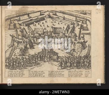 Abriss der Zitadelle von Antwerpen, 1577, Frans Hogenberg, 1577 - 1579 Druck Abriss der Zitadelle von Antwerpen, 28. August 1577. Unter der Führung von Liedekercke und Bourse wird die Festung von den Einwohnern Antwerpens abgerissen. Die wallonischen Soldaten gehen auf der rechten Seite. Mit 16 Zeilen auf Deutsch. Unten links nummeriert: 131. Der Ausdruck ist Teil eines Albums. Der Ausdruck ist Teil eines Albums. Abriss des Gebäudes Zitadelle von Antwerpen (16. Jahrhundert) Stockfoto