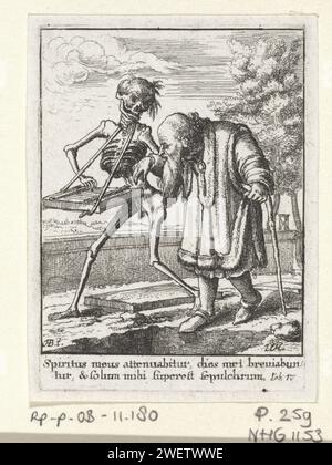 Der alte Mann und Tod, Wenzel Hollar, nach Hans Holbein (II), ca. 1680 Druck Tod führt einen alten Mann zu seinem Grab. Da ist eine Sanduhr an einer Wand hinter dem alten Mann. Papier-Ätztanz des Todes; Tod zusammen mit einem oder mehreren Menschen. Alter Mann. Sanduhr Stockfoto