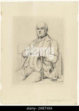 Portret van Casimir Le Conte, Charles Meryon, nach Gustave Boulanger, 1856 Druck Portrait von Casimir le Conte, der auf einer Couch sitzt, mit einer Hand in die Weste gesteckt, und er hält einen Gehstock und Hut in der anderen Hand. Papierätzung Stockfoto