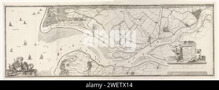 Karte der Maas von Rotterdam bis zur Nordsee, Joost van Geel, 1666 - 1698 Drucken Karte der Maas van Rotterdam (oben rechts) bis zur Mündung in die Nordsee (links). Unten links Neptunus mit einem triton und anderen Meeresbewohnern. Rechts unten die Titelkartusche mit einer weiblichen Figur mit dem Horn des Überflusses und rechts ein Flussgott. Zwei Schüsseln darunter: Eine Gurdy Hollantse Mijle, Eine UER Gaens. Papier zum Ätzen/Gravieren von Karten von verschiedenen Ländern oder Regionen. Stadtpläne. "Cornucopia", Horn des Überflusses. triton(e). Neptun als Herr des Meeres. fluss-Götter Rotterdam. Delfshaven. Schiedam. V Stockfoto