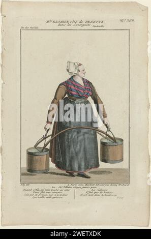 Kleine Dramatische Galerie, 1796-1843, Nr. 366: Miss Elomire Rolle der Perette, 1796 - ca. 1843 Kostüm der Schauspielerin Mlle Elomire in der Rolle der Perette aus der Farce „Les Auvergnats“, inszeniert im „Théâtre des Variétés“. Frau oder Milchmädchen (?) Mit zwei Schaufeln auf einer Gabel. Sie trägt ein Kleid mit karierter Schürze. Kappe. Gestreiftes Fichu. Druck aus der Zeitschrift Petite Galerie Dramatique ou Recueil de Différents Costumes d'Acteurs des Théâtres de la Capitale (1796-1843). Papierätzerin (auf der Bühne). Modische Teller. Nackenbekleidung  Kleidung (+ Damenbekleidung). Kopfbedeckung: Kappe (+ Damenbekleidung Stockfoto