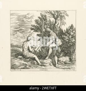 Musik unter freiem Himmel, Valentin Lefèbvre, nach Tizian, 1682 Print Ein junger Mann spielt eine Bassgamba in einer Landschaft. Eine Frau, die auf dem Rücken gesehen wird, sitzt neben ihm mit einer Flöte in der Hand. Der Druck ist Teil einer 53-teiligen Serie von Drucken zu Gemälden von Tizian und Veronese. Papierätzung kleine Gruppe von Musikern, Kammerorchester, Jazzband - CC - 'Concert champÃªtre'. Schafe. Berge Stockfoto