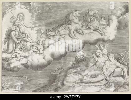 Apollo in seinem Solarauto Giulio Bonasone, 1501 - 1580 Print Apollo fährt sein Solarauto, das von vier Pferden gezogen wird, durch die Luft. Er wird von Personifizierungen der acht Stunden und von der Personifizierung der Zeit begleitet. Unten rechts sind ein Mann und eine Frau, vielleicht aurora und Tithonus, und ein Putto. Papierätzung / Gravur Apollo als Sonnengott, d. h. Sol (Helius), Titan. Der Wagen der Sonne. Die Pferde von Apollo. Apollo im Wagen der Sonne, gezeichnet von vier Pferden, normalerweise von Aurora mit einer Fackel, „Carro del Sole“ (Ripa). Vater Zeit, Mann mit Flügeln und Sense Stockfoto