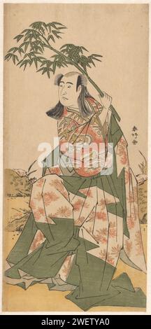 ODA LZUMINOSUKE mit Bamboo Branch, Katsukawa Shunko, 1787 Print Kabuki-Schauspieler Sawamura Sôjûrô III. In der Rolle von Oda Iosuke tanzt mit einem Bambuszweig in der Hand. Seine Hosen mit langen Beinen, die über den Boden schleifen, haben ein Muster von Chrysanthemen. Die fliegenden Kraniche auf seinem Kostüm sind Glückssymbole. Dieser Druck zeigt eine Szene aus dem Stück Keisei IDE No Yamabuki, das am 6. Juni 1787 im Nakamura Theater aufgeführt wurde. Papierfarbe Holzschnitt Schauspieler (auf der Bühne). Pflanzen; Vegetation Stockfoto