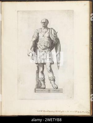 Statue des Kaisers Vespasianus, 1636 - 1647 gedruckt Statue des Kaisers Vespasian. Auf dem Sockel das Wappen von Vincenzo Giustiniani. Print ist Teil eines Albums mit einer Serie von Drucken zu den Skulpturen der Sammlung in der Galleria Giustiniani in Rom. Papierstich (Geschichte) des Kaisers Vespasian. Skulptur, Reproduktion einer Skulptur Stockfoto