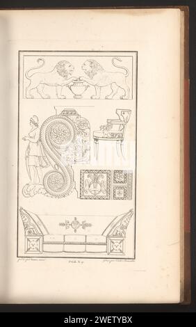 DIVERSE ORDERENTS, Cécile BeauValt, 1820 Ornament Print mit u.a. zwei Löwen und einem Sofa. Teil (5. CAH. N. 27) des Prentalbums mit zwei Serien von insgesamt 138 Ornamentdrucken von Beauvallet und Normand, Fragmens d’Ortuens Dans Le Style Antique. Dekorative Möbel und dekorative Möbel. Sofa, Sofa, Sofa Stockfoto