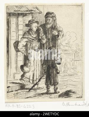 Der beabsichtigte van Hagar an Ismae, Esaias Boursss (zugeschrieben), nach Esaias Boursss, ca. 1645 – ca. 1655 auf Wunsch seiner Frau Sara lehnt Abraham seinen erstgeborenen Sohn Ismael und seine Mutter Hagar ab. Abraham steht vor seinem Haus und schickt Hagar und ihren Sohn Ismael fort. Hagar weint und trocknet die Tränen mit einem Tuch. Papiertrockenpunkt Hagar und Ishmael (oft mit Pfeil und Bogen) fahren ab Stockfoto