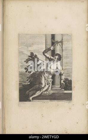 Martyrium des heiligen Sebastiaan, 1660 gedruckt der H. Sebastiaan ist an eine Säule gebunden. Sein Körper ist von Pfeilen durchbohrt. Dieser Ausdruck ist Teil eines Albums. Papierätzung St.. Sebastian, an einen Baum oder eine Säule gebunden, wird von Pfeilen durchbohrt Stockfoto