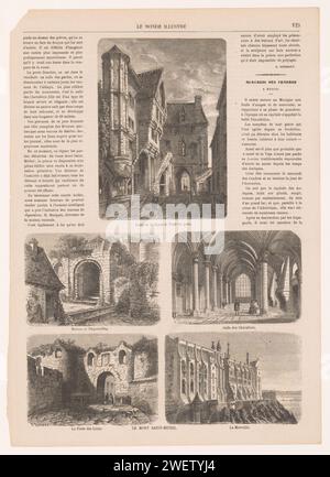 Fünf Aufführungen mit Le Mont Saint-Michel als Thema, F. Roevens, nach Félix Thorigny, 1864 Print die Zeitschrift ist eine Seite aus Le Monde Illustré, mit fünf Aufführungen in Holzstich mit den Untertiteln: Porte de la Herse et Tour du Guet; Maison de Duguesclin; Salle des Chevaliers; La Porte des Lions; La Merveille. Papier Buchdruck Insel. abtei, Kloster, Kloster  römisch-katholische Kirche. Außendarstellung eines Gebäudes. Innenraum  Darstellung eines Gebäudes Mont Saint Michel Stockfoto