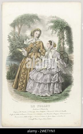 Le Follet, 1855, Nr. 1986: Mme Naudé Hüte (...), 1855 zwei Frauen an einem Teich. Unter der Performance einige Zeilen von Werbetexten für verschiedene Produkte. Druck aus dem Modemagazin Le Follet Courrier des Salons (November 1829-Oktober 1882). Papierstahl mit Gravur von Modetafeln. Kopfbedeckung (+ Damenkleidung). Handschuhe, Fäustlinge usw. (+ Damenkleidung). Armband, Armband (+ Damenkleidung). Zierteile von Kleidung (+ Damenkleidung). Mantel (+ Damenkleidung). Blumen Stockfoto