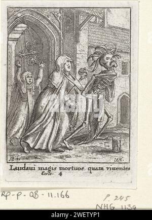 Die Abdis und der Tod, Wenzlaus Hollar, nach Hans Holbein (II), ca. 1680 Druck Tod zieht eine Äbtissin zu ihrer Gewohnheit aus dem Kloster. Es gibt eine Sanduhr für sie am Boden. Papier-Ätztanz des Todes; Tod zusammen mit einem oder mehreren Menschen. Abt - PP - Äbtissin. Sanduhr Stockfoto