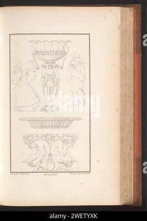 DIVERSE ORDERENTS, Cécile BeauValt, 1820 Ornament Print mit einem Tisch unten durch zwei Sattel. Teil (13. CAH. F.LE 3) des Prentalbums mit zwei Serien von insgesamt 138 Ornamentdrucken von Beauvallet und Normand, Fragmens d’Ortuens Dans Le Style Antique. Papier-Ätzornamente  Kunsttisch. Satyr(s) (allgemein) Stockfoto