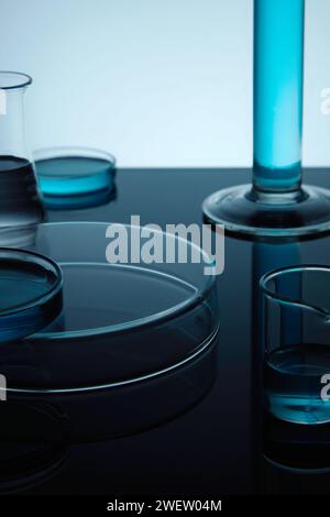 Standfuß für die Produktpräsentation mit transparentem Podium, mit blauer Flüssigkeit gefüllte Laborgläser auf dunklem Hintergrund. Wissenschaftliche Laborforschung und Stockfoto