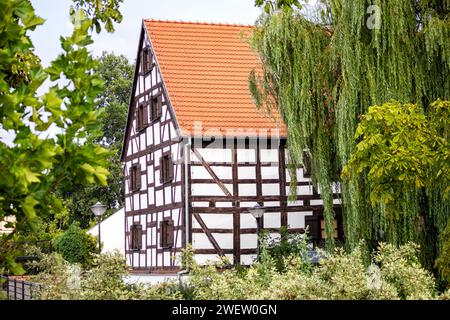 Ein wunderschönes mittelalterliches Gebäude mit einem roten Ziegeldach zwischen grünen Bäumen Stockfoto