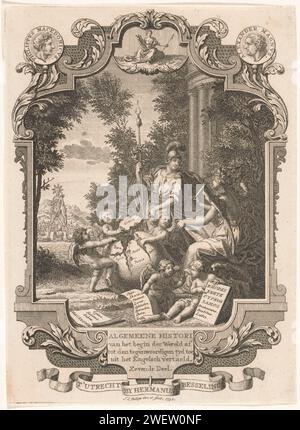 Cartouche mit Allegorie zur Geschichte Griechenlands, Jan Caspar Philips, 1742 drucken Eine Landschaft mit dem Koloss von Rhodos im Hintergrund und einigen Figuren im Vordergrund auf einem Globus, von dem drei Putten erschwert werden. Auf der rechten Seite befindet sich Minerva neben der Schreibgeschichte. Es gibt zwei Putten mit Tablett und Papier mit griechischen Bereichen auf dem Boden. Papiergravur/Ätzung „Geschichte“; „Geschichte“ (reif). Koloss von Rhhodes (Wunderwerk der Welt). (Geschichte) Minerva (Pallas, Athena) Griechenland Stockfoto