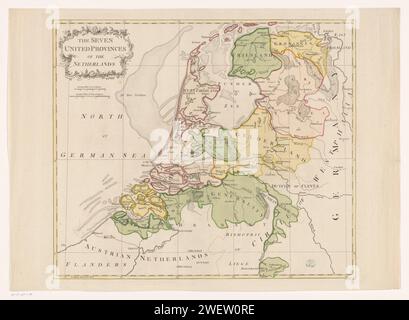 Karte der Republik der Sieben Vereinigten Niederlande, ca. 1780 Druck auf der Kartusche oben links mit Titel. Unterhalb dieser Skala: Deutsche Meilen 15 Grad, englische Meilen 69,5 Grad Grad. Die Karte ist mit einem Koordinatennetz und einer Gradverteilung entlang der Kanten ausgestattet. Papiergravur von Karten verschiedener Länder oder Regionen. Wappen (als Symbol des Staates usw.) Niederlande Stockfoto