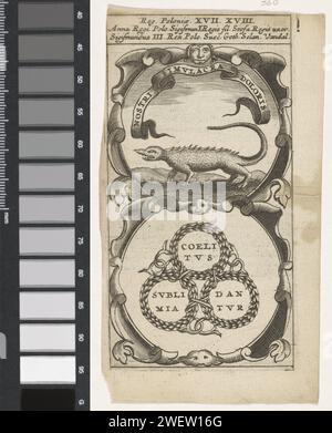 Krokodil / drei Semi -Net Lauwerkransen, Anonym, nach Aegidius Sadeler (II), 1666 drucken ein Emblem mit zwei Aufführungen. Über einem Krokodil in einer Landschaft. Unter drei verbundenen Lorbeerkränzen mit Text. Das sind die Vorfahren von Anna Jagiellon und Sigismund III. Vasa van Polen. Papiergravur / Buchdruck Krokodile: Krokodile. girlande, Kranz Stockfoto