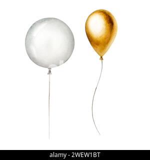 Goldene und silberne Folienballons auf einer Schnur. Hand gezeichnete Geburtstag und Party gelbe und graue Dekoration isoliert auf weißem Hintergrund. Glänzend Stockfoto