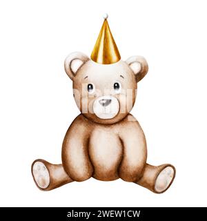 Aquarell niedlicher Cartoon Teddybär mit goldenem Geburtstag, Weihnachtsmütze. Handgezeichnete Baby-Illustration isoliert auf weißem Hintergrund. Schönes Spielzeug für Baby A Stockfoto