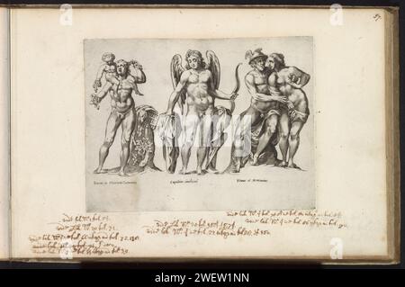 Skulpturen aus Bacchus, Amor und Quecksilber und Venus als geliebte Menschen, Anonym, 1641 gedruckte Unterschriften in lateinischer Sprache. Drucken ist Teil eines Albums. Papiergravurstück einer Skulptur, Reproduktion eines Skulpturenstücks. (Story of) Cupid, Amor (Eros). (Geschichte) Bacchus (Dionysos), Liber. Quecksilber und Venus als Liebhaber Stockfoto