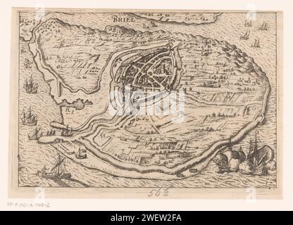 Karte der Insel Voorne und Karte von Brielle, 1572, Anonym, 1612 - 1648 drucken Karte der Insel Voorne mit einer Karte von Brielle Watergeuzen, die am 1. April 1572 in Vogelperspektive aufgenommen wurde. Unten links ein Fischerboot, unter zwei Kriegsschiffen. Unten rechts nummeriert: 57. Papier-Ätzkarten für getrennte Länder oder Regionen. Stadtpläne Brielle Stockfoto